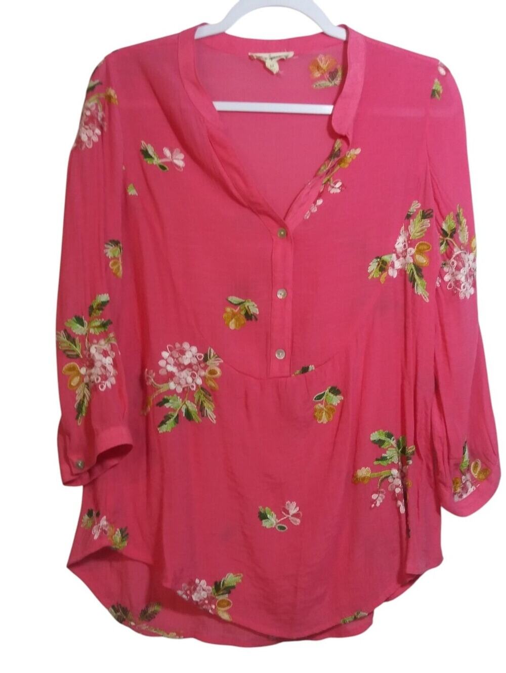 Hope Springs Pink Embroidered Lightweight Boho Top Crinkle Gauze Size M